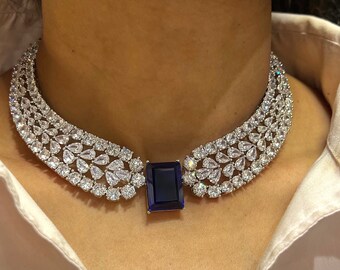 Christie Sapphire Blue Diamond Necklace | CZ Necklace | American Diamond Necklace | Statement Jewelry | Statement Necklace | Indian Necklace