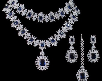 Misha Sapphire Diamond Silver Long Short Necklace with Earrings and Tikka Indian Jewelry Pakistani Jewelry Bollywood Jewelry CZ Necklace