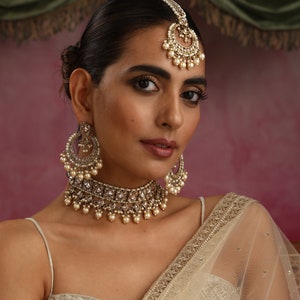 Ziva Gold Polki Choker with chaandbali and tikka/Indian Choker Necklace/ Pakistani jewelry/ Indian jewelry image 3