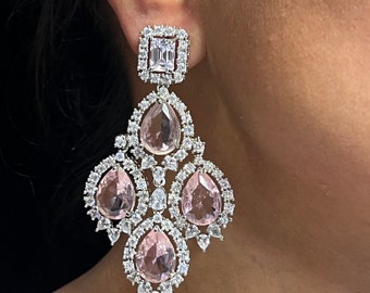 Cia Pink CZ Diamond Chandelier Earrings/ Indian Earring / Indian Jewelry/  Pakistani Jewelry / American Diamond Earrings/  CZ Earrings/