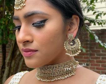 Antikes Gold Polki Halsband mit chaandbali und Tikka /Antique Gold Choker/Indischer Choker Halskette/Pakistanischer Schmuck/Indischer Schmuck