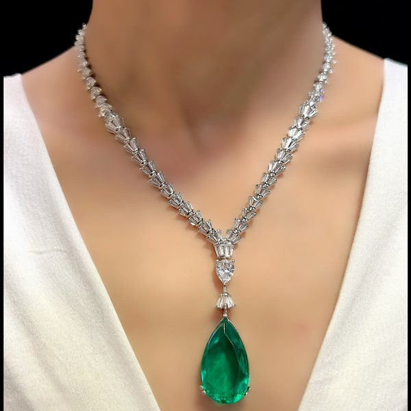 Emerald Pendant Necklace Long Necklace American Diamond Necklace Pakistani Jewelry  Indian Jewelry Green CZ Long Necklace Statement Jewelry