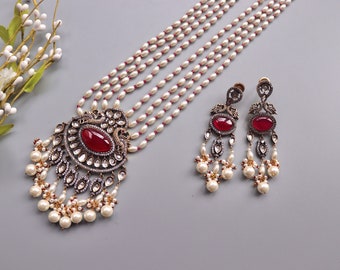 Long collier victorien avec perles rubis et boucles d'oreilles | long collier indien | Bijoux indiens | long collier Kundan | Bijoux pakistanais