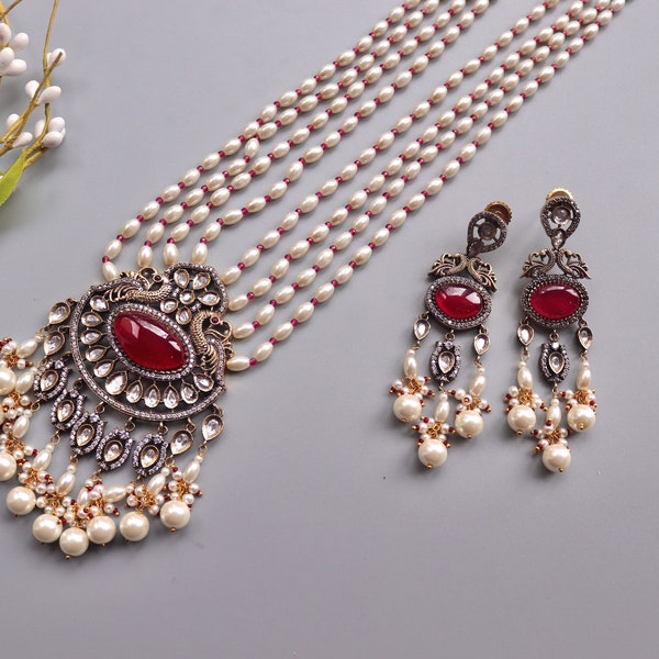 Ruby Pearl long Victorian Necklace with Earrings  | Indian Long Necklace | Indian Jewelry | Kundan Long Necklace | Pakistani Jewelry