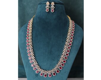 April Gold Ruby CZ long Necklace with Earrings Long Indian Necklace Indian Jewelry Red Diamond Long Necklace Pakistani American Diamond