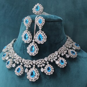 5 Piece Aqua CZ Necklace Set American Diamond Jewelry Indian Necklace Pakistani Jewelry Crystal Necklace Bollywood Jewelry Cubic Zirconia