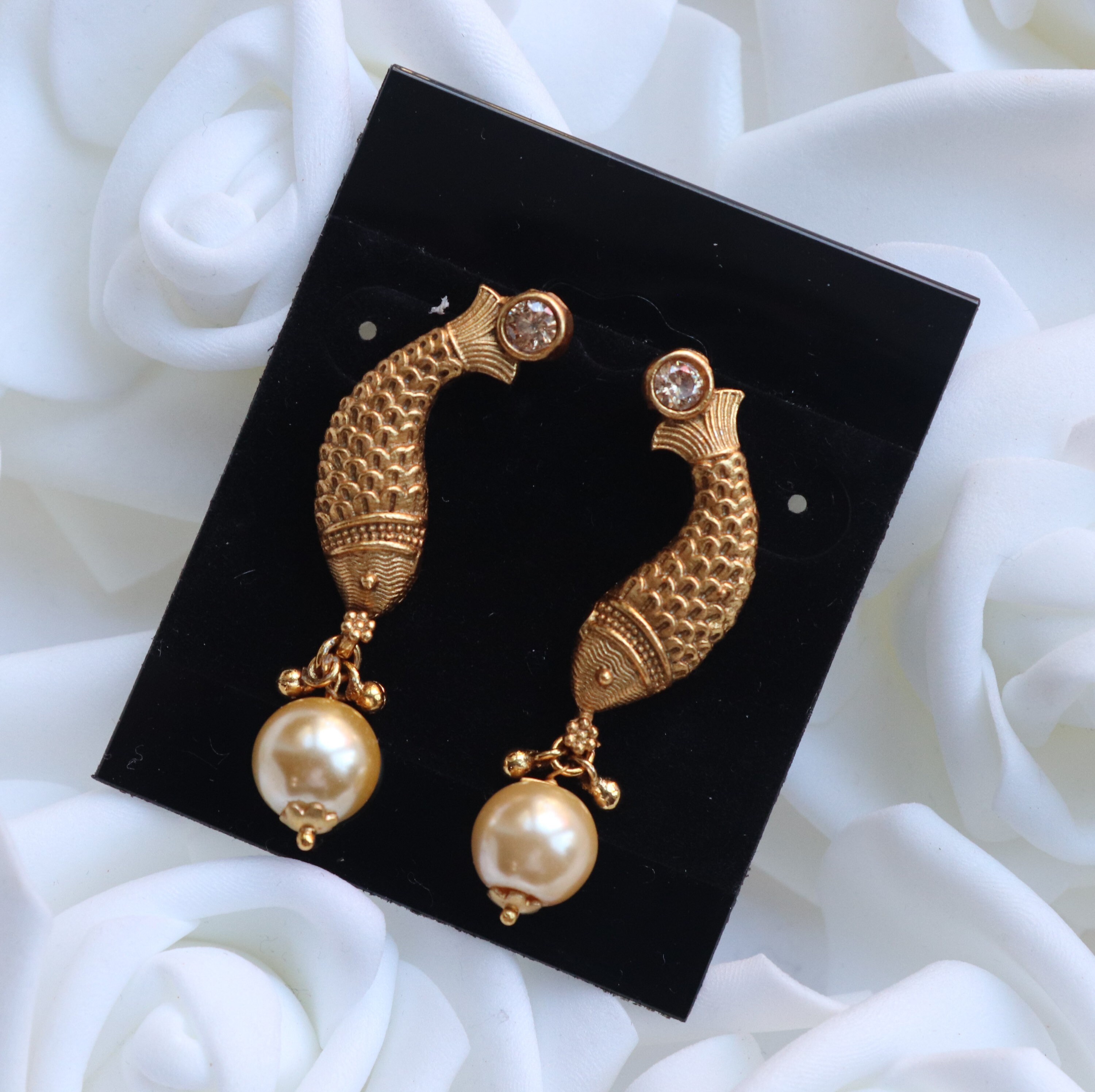 Gold Fish Pearl Earrings Indian Jewelry Indian Studs Indian Earrings Statement Jewelry Gold Earrings Fish Earrings