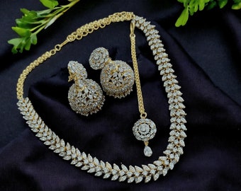 April Gold Diamond Necklace with Jhumka and Tikka Gold CZ Necklace American Diamond Necklace Gold Indian Necklace Gold