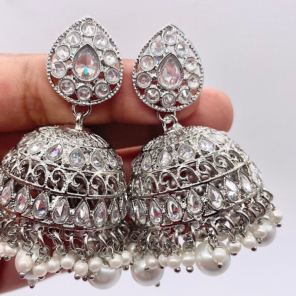 Silver Polki Jhumkas/ Indian Jewelry/ Jhumka/ Indian Earrings/ Pakistani Jewelry/ Desi Jewelry/ Indian Wedding Jewelry/ Bollywood