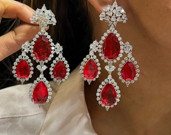 Nova Ruby Pariba Diamond Chandelier Earrings  Indian Earring Indian Jewelry Pakistani Jewelry American Diamond  Earrings CZ Earrings