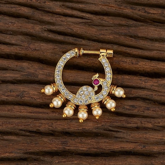 Gold CZ Peacock Nose Ring Nath Indian Nose Ring Diamond Nose Ring Statement Jewellery Bijoux Jewelry Indian Jewelry Bollywood