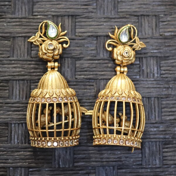 Boucles d’oreilles cage à oiseaux/ Boucles d’oreilles en or/ Boucles d’oreilles en or/ Bijoux uniques/ Bijoux indiens/ Boucles d’oreilles indiennes/ Bijoux de déclaration