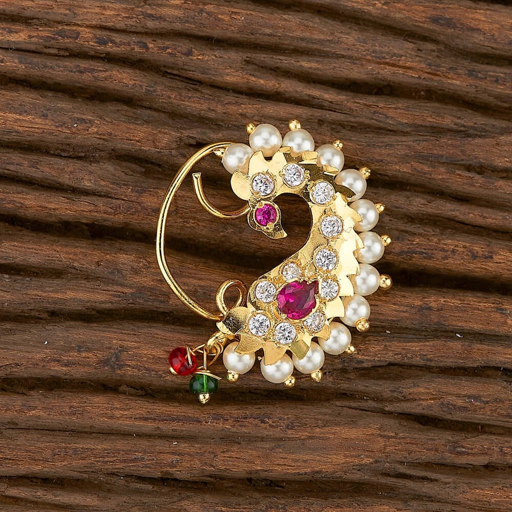 Buy Traditional Golden Ethnic Bridal Maharashtrian Nose Ring/Nath without  piercing Encased with Pearl Stone for Women/Girls(n-749) at Amazon.in