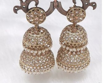 Polki Jhumkas in antique gold/ Polki Earrings / Indian Earrings/ Pakistani Jewelry/ Pakistani Earrings/ Jhumka