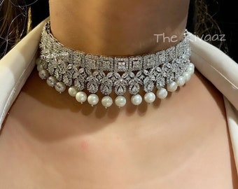 Feb Diamond Choker Necklace with Earring/ Indian jewelry/ Crystal Choker/ Indian Choker/ Pakistani jewelry/ Bollywood jewelry/Wedding