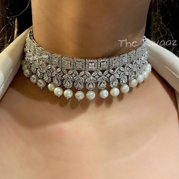 Feb Diamond Choker Necklace with Earring/ Indian jewelry/ Crystal Choker/ Indian Choker/ Pakistani jewelry/ Bollywood jewelry/Wedding