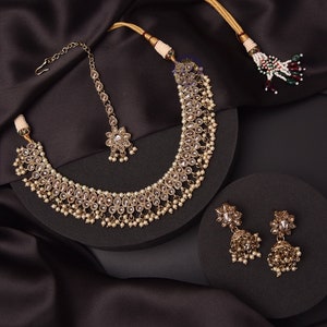 Zoe Gold Polki Necklace with Jhumkey and tikka / Antique Gold Necklace with Tikka/ Indian Jewelry/ Bollywood Jewelry/ Pakistani Jewelry image 2