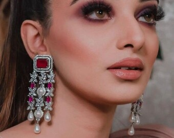 Vanya Ruby CZ Pearl Dangle Earrings / Indian Jewelry / Indian Earrings/ Pakistani Jewelry / Punjabi Jewelry/ Bollywood Jewelry/ Sabyasachi