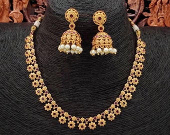 Lina Ruby Gold Indian Necklace Matte Gold  • Indian Jewelry • South Indian Jewelry • One Gram Gold  • Indian Jewellery • Indian Jewelry Set