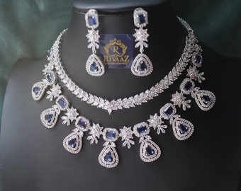 Two Layer Sapphire Blue Diamond CZ Necklace Statement Jewelry Statement Necklace American Diamond Necklace Indian Jewelry Necklace Set