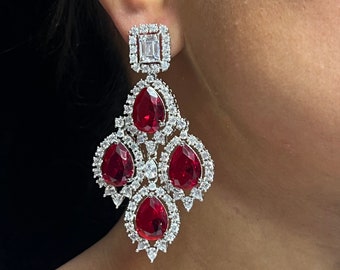 Cia Red CZ Diamond Chandelier Earrings/ Indian Earring / Indian Jewelry/  Pakistani Jewelry / American Diamond Earrings/  CZ Earrings/