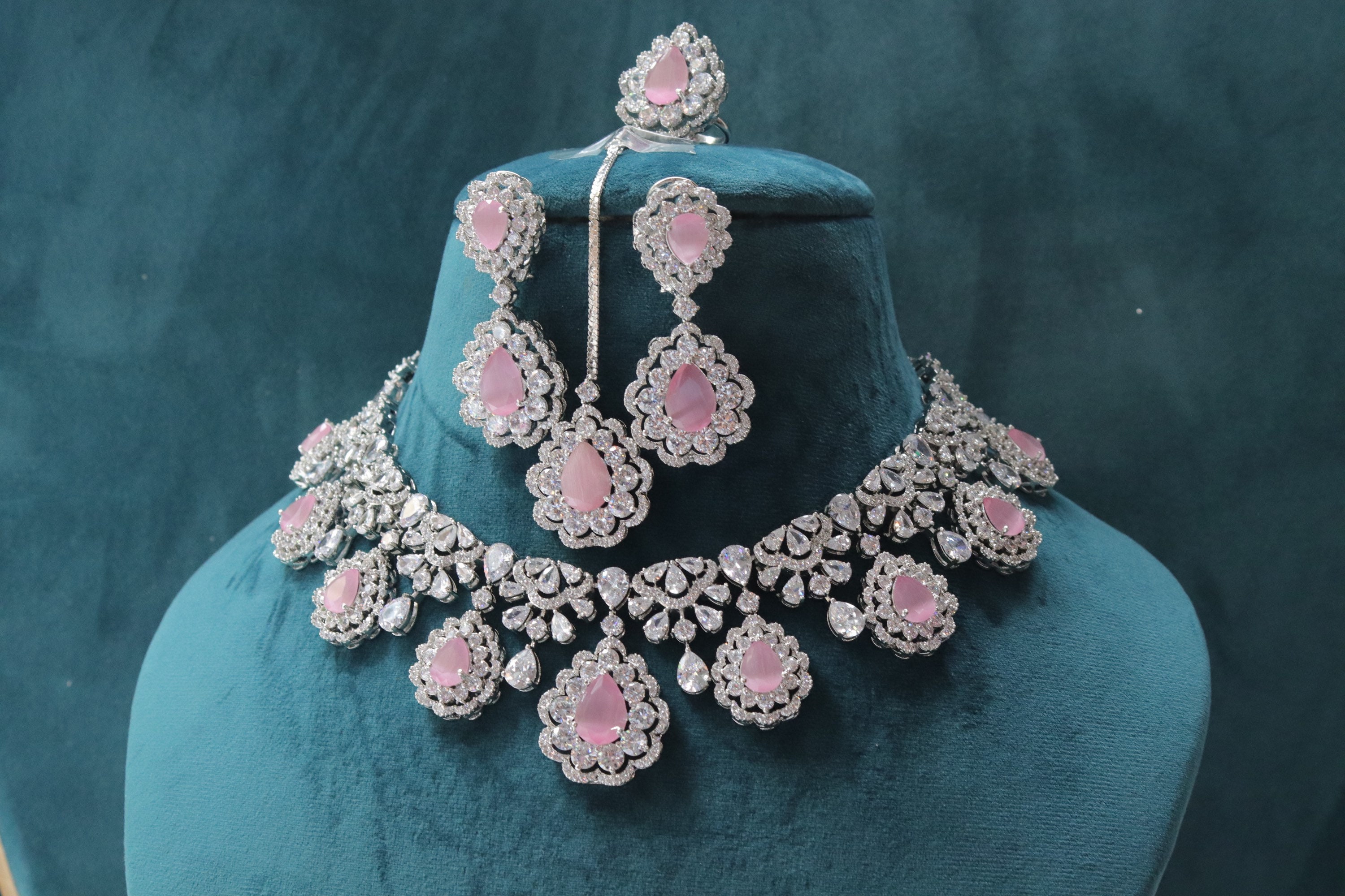 Indian Rose Gold Plated Mint Pink Diamond Necklace Jewellery Set for Women