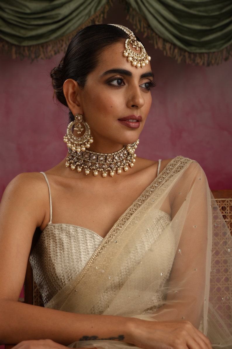 Ziva Gold Polki Choker with chaandbali and tikka/Indian Choker Necklace/ Pakistani jewelry/ Indian jewelry image 7