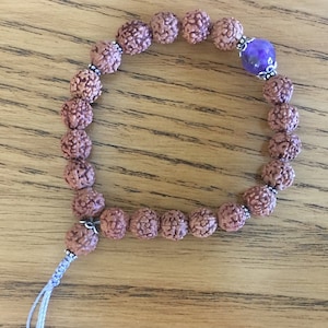 Rudraksha, amethyst and sterling silver wrist mala