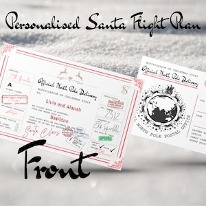 Plan de vuelo de Santa / Doble cara / Editable en Canva / Certificado de lista agradable / Carta personalizada de Santa / Entrega en el Polo Norte