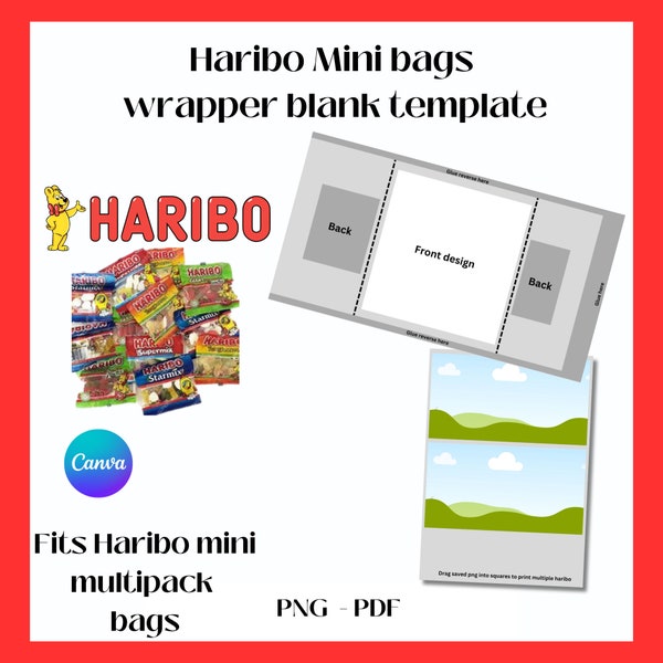 HARIBO MINI SACS Emballage de bonbons | Modèles de taille standard | Modèle Canva modifiable vierge simple et facile | Téléchargement instantané | Modèle vierge