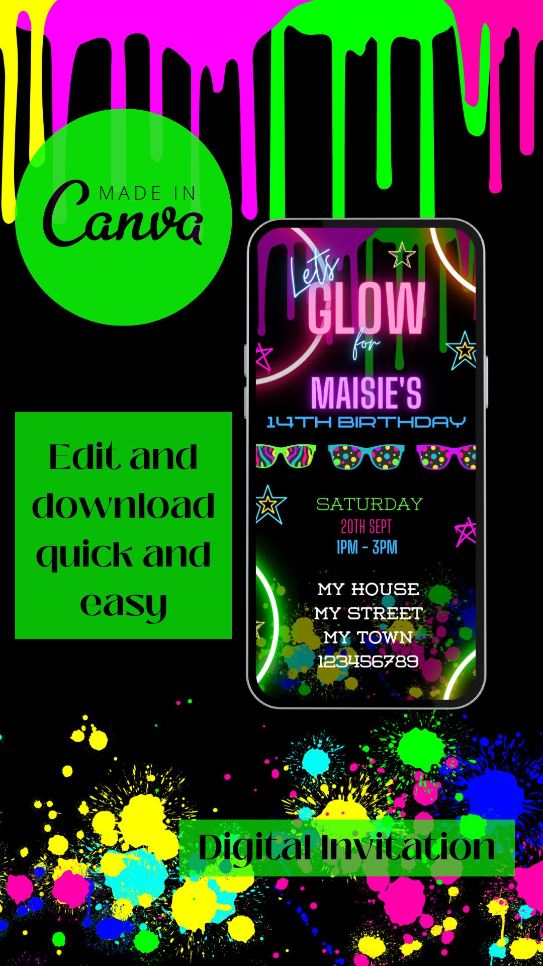 Neon Glow Rave Digital Birthday Invitation Template Edit and Etsy