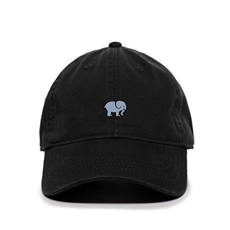 May include: A black cotton baseball cap with a small embroidered gray elephant on the front.
