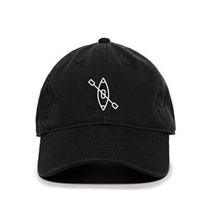 May include: A black cotton baseball cap with a white embroidered design of a kayak with paddles.