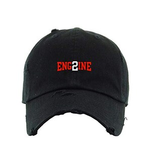 May include: Black distressed baseball cap with the text "ENG2INE" embroidered in red on the front.