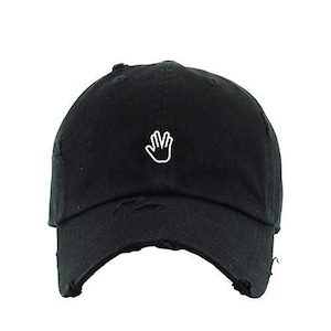 May include: A black distressed baseball cap with a white hand icon embroidered on the front.