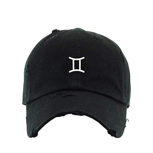 Gemini Zodiac Embroidered Baseball Cap – Vintage Adjustable Dad Hat In Distressed Black Cotton - View #8