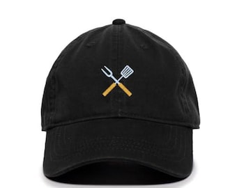 Cappello da baseball ricamato con spatola e forchetta per barbecue, regolabile in cotone