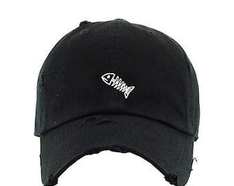 May include: Black distressed baseball cap with a white embroidered fish bone design.