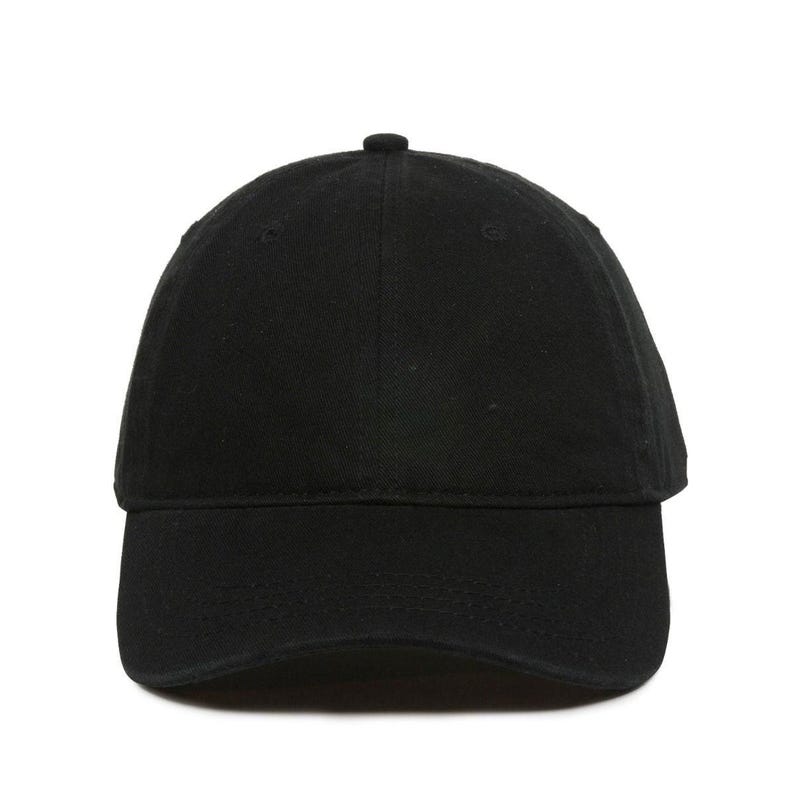 May include: A plain black baseball cap with a curved brim.