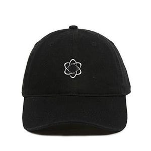 May include: A black baseball cap with a white embroidered atom symbol.
