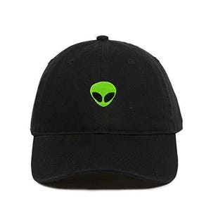May include: Black baseball cap with a green alien face embroidered on the front.