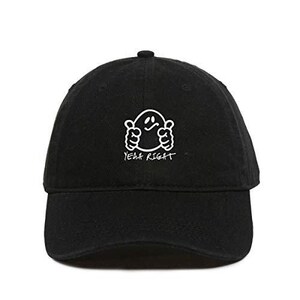 May include: Black baseball cap with a white cartoon character giving a thumbs up and the text "Yeah Right".