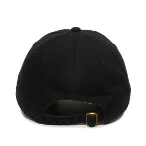 May include: Black baseball cap with a brown adjustable strap in the back.