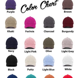May include: Color chart showing 18 different colors of baseball caps. The colors include purple, brown, khaki, fuchsia, charcoal, burgundy, navy, light pink, olive, light grey, black, putty, light blue, white, royal blue, teal, orange, and red.