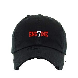 May include: Black distressed baseball cap with the text "ENG7INE" embroidered in red and white.