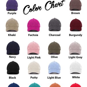 May include: Color chart showing 16 different colors of baseball caps. The colors include purple, brown, khaki, fuchsia, charcoal, burgundy, navy, light pink, olive, light grey, black, putty, light blue, white, royal blue, teal, orange, and red.