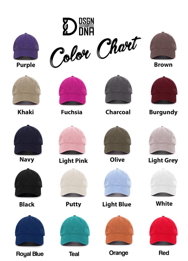 May include: Color chart showing 16 different colors of baseball caps. The colors include purple, brown, khaki, fuchsia, charcoal, burgundy, navy, light pink, olive, light grey, black, putty, light blue, white, royal blue, teal, orange, and red.