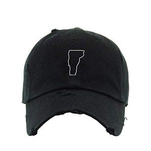 May include: A black distressed baseball cap with a white outline of the state of Vermont.