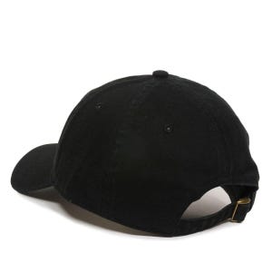 May include: A black baseball cap with a curved brim and a snap closure.