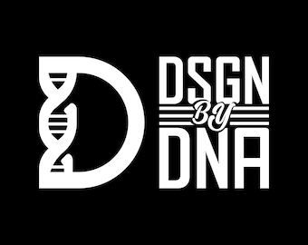 May include: White graphic on a black background. The design features a stylized DNA double helix forming the letter "D" next to the words "DSGN BY DNA" in a bold, sans-serif font. The text is stacked and separated by horizontal lines.